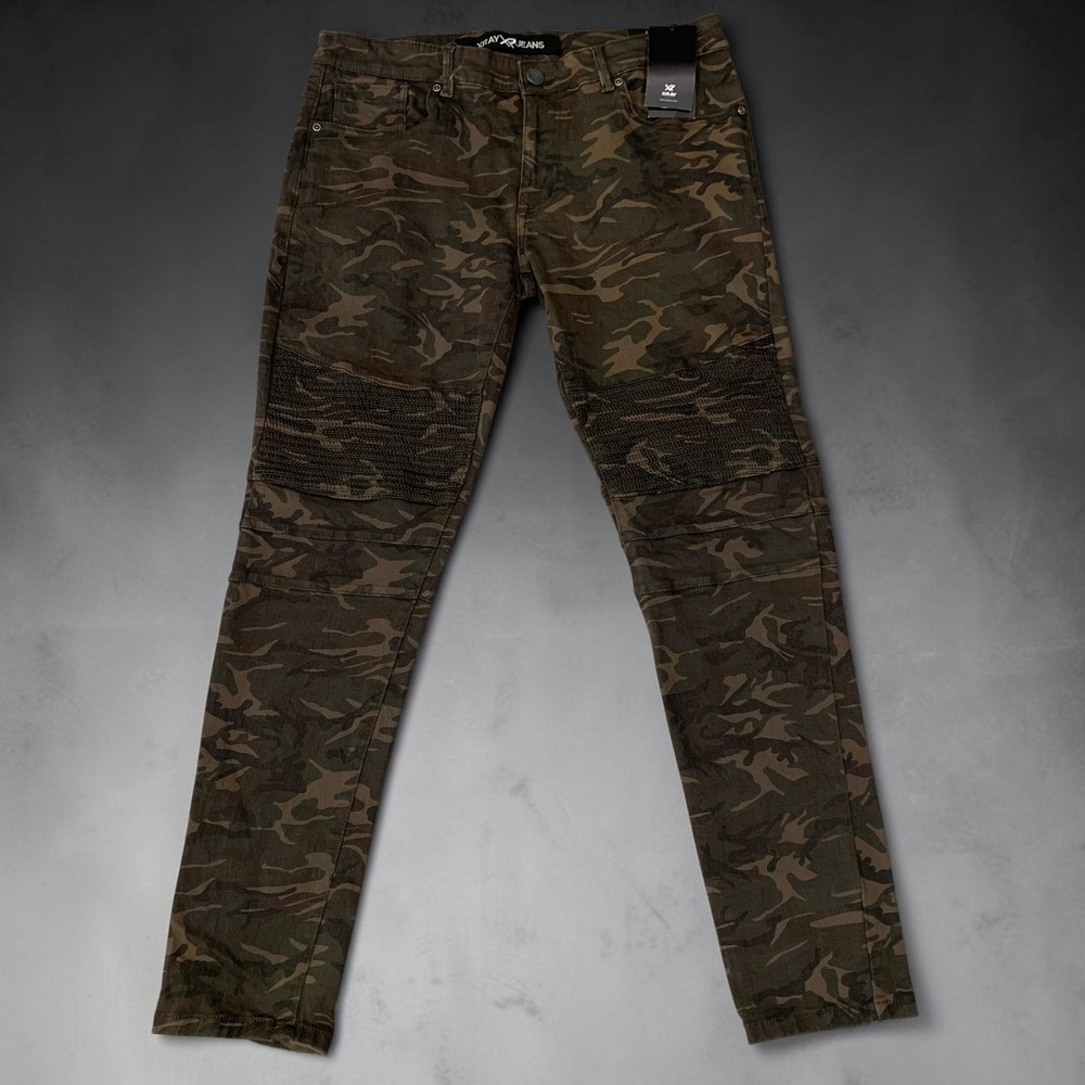 XRAY Jeans Olive Camo Moto Skinny Jeans Men's 34x32 Stretch Biker Pants NWT